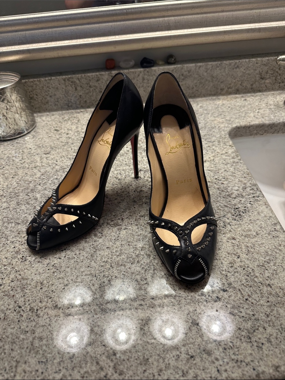 Authentic Christian Louboutin Black Studded Peep-Toe Pumps with Red Sole